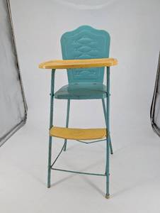 lot 198 image: Vintage Metal Doll High Chair - Teal Frame With Yellow Tray And 2-Step Footrest
