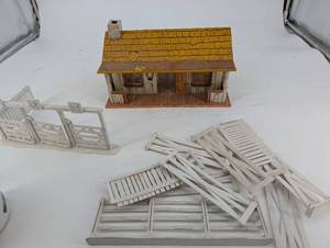lot 223 image: Vintage Metal Doll House with Porch, Interior Details & White Fence Panels
