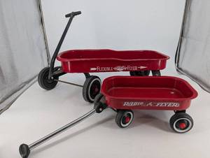 lot 225 image: Radio Flyer & Flexible Flyer Red Wagon Set - 2 Vintage Metal Wagons