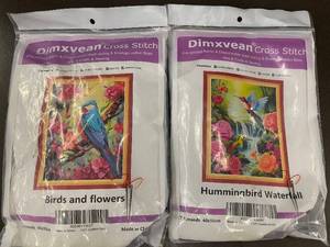 lot 17 image: Dimxvean Cross Stitch Kit - Birds and Flowers 40x50cm & Hummingbird Waterfall 40x50cm