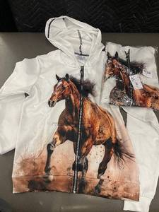 lot 29 image: 2 X Horse Graphic Zip-Up Hoodie - White, Youth Large (L)