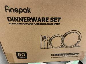 lot 31 image: Finepak Dinnerware Set - 50-Pack with 9in & 7in Paper Plates and Plastic Knife, Fork & Spoon