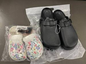 lot 43 image: Clogs - Black Arch-Support (Size 40) & Floral White Crocs (Size 10) - 2 Pairs