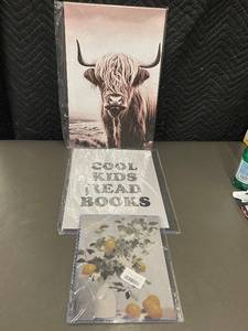 lot 47 image: Framed Wall Art Prints - Highland Cow, Cool Kids Read Books, Lemon Vase (Lot of 3)