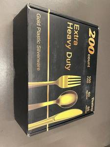 lot 90 image: Gold Plastic Silverware - 200 Count (100 Forks, 50 Spoons, 50 Knives)