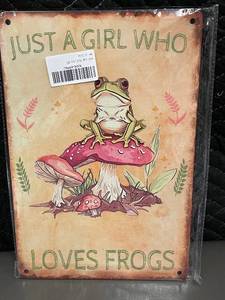 lot 122 image: Just A Girl Who Loves Frogs Wall Sign - Frog on Mushroom Decor 8x12