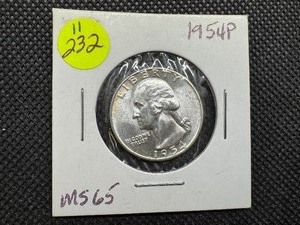 lot 70 image: 1954 P Silver Washington Quarter Marked MS65 when purchased