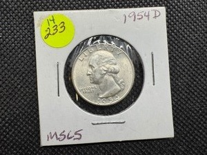 lot 71 image: 1954 D Silver Washington Quarter Marked MS65 when purchased
