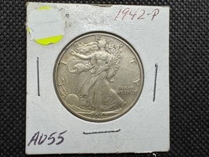 lot 23 image: 1942 P Walking Liberty Half Dollar Marked AU 55 when purchased