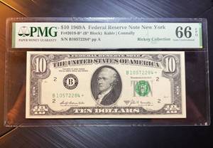 lot 2 image: Gem Uncirculated 1969-A $10 Fed Reserve Note, New York, EPQ66, Rickey Collection