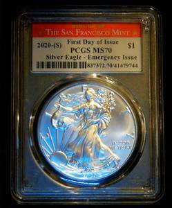 lot 12 image: MS70 2020-S Emergency Issue American Silver Eagle, First Day of Issue