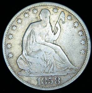 lot 21 image: 1858-P Seated Liberty Half Dollar, VG