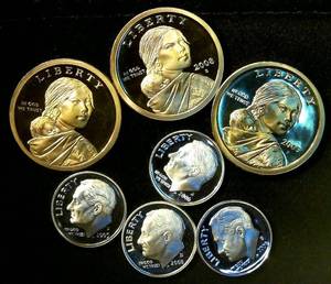 lot 36 image: Gem Proof (4) 90% Dimes  (3) Sacajawea Dollars, From Sets
