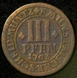 lot 41 image: Scarce 1703 Bishopric of Munster 3 Pfennige, KM#130