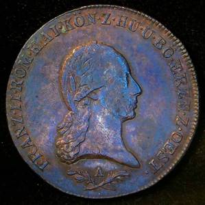 lot 45 image: 1800-A  Austria 6 Kreuzer Franz II, XFAU, Beautiful RedBrown wslight Purple Toning, KM# 2128
