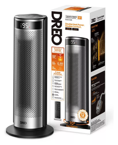 DREO 1500W Solaris Plus 20 Portable Oscillating Ceramic Space Heater for Home with Remote and Thermostat 12H Timer Silver