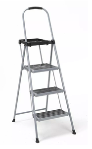 Cosco 3 Step All Steel Step Stool with Tray Folding Ladder, 225 lb Capacity, Silver, 3 Rungs, 28.74 Max Height