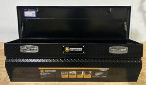 lot 17 image: Northern Tool  Equipment Chest Truck Toolbox, 56in. x 20in. x 15.75in. x 18in., Aluminum, Gloss Black, Pull Handle Latches #42057 Msrp $519.99