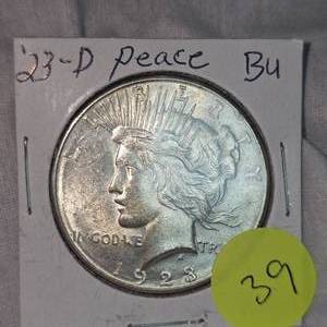 lot 39 image: 1923 D Peace Dollar $1 BU Condition
