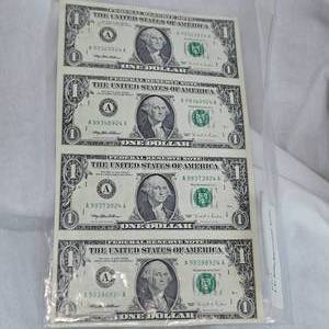 lot 92 image: 1995 Uncut Washington $1 Uncut Sheet of 4, UNC