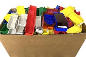 lot 4 image: Mega Lot In Gaylord of Various Stackable AkroMils Storage AkroBins &amp More  Perfect for Organizing Medical Cart Drawers, Tools, or Miscellaneous Supplies  Versatile Storage Solution for Any Setting