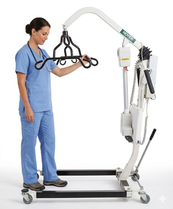 lot 9 image: MSRP $3,000  Hoyer Power Patient Lift w Electric Actuator, 6-Point Sling Bar, Battery Charger &amp New In Package Sling - Medical Transfer Lift for Home Care Nursing Rehab Facilities (Works Heavy Base Wear See Pics)