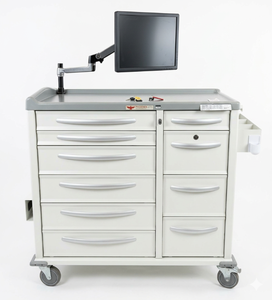 lot 20 image: MSRP $8000 Phoenix LTC Multi-Drawer Medical Medication Cart WSecure Tablet Mount. Durable design locking casters, spacious drawer storage &amp working electronic lock system plus keys Reliable, organized &amp mobile - Monitor not included