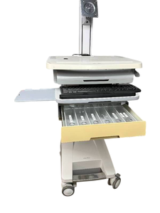 lot 22 image: WOW MSRP $4000 Ergotron SV32-91211 StyleView PHD LCD Cart with 1 Drawer Industrial Grade Mobile Laptop Or Stand UpSit Computer Workstation Height Adjustable Platform Medical COW Cart Desk - Battery Untested - No Key