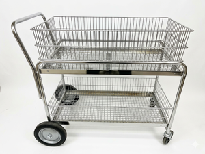 lot 27 image: Heavy-Duty Chrome Steel Mail &amp Office File Cart - Transport Documents and Packages within Work Environments - Removable Wire Baskets, High Load Capacity - Excellent Condition