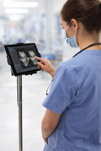 lot 8 image: MSRP $400  Medical Tablet  iPad Rolling Stand Cart w Adjustable Height &amp Locking Casters, Mobile Charting Workstation for Clinics, Telehealth, Patient Rooms Great Working Condition - No Electronics Included