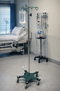 lot 11 image: MSRP $500  Heavy Duty Adjustable Medical IV Pole w 4-Hook Top, Height Adjustable Chrome Pole &amp Rolling 5-Leg Steel Base, Hospital Infusion Stand for Clinics Hospitals Home Care