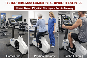 lot 24 image: MSRP $3,500  Tectrix BikeMax Commercial Upright Exercise Bike, Gym Quality Cardio Trainer w Interval Programs &amp Digital Console - Self-Powered Commercial Ergometer&nbspMachine, 21-Speed Simulated Ride, 300 lbs. User Capacity - Great Condition