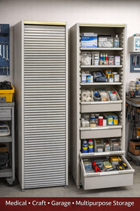 lot 17 image: MSRP $2,500  Herman Miller Locking Tambour Door Storage Cabinet -Pull-Out Trays &amp Adjustable Shelves, Supply Organizer, Craft Storage, Garage Tool &amp Parts This is for 1 sturdy cabinet which has two small cracks still solid piece - See Pics