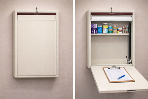 lot 26 image: MSRP $1,200  Carstens 6652-00 Locking Wall Cabinet w Flip-Down Desk Work Surface, 16.5x24.5x4, Medical Chart Station, Garage Tool Storage, Craft Organizer, Small Parts Cabinet