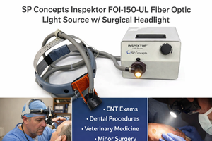 lot 32 image: MSRP $900  SP Concepts Inspektor FOI-150-UL Fiber Optic Illuminator w Surgical Headlight, ENT Dental Veterinary Medical Exam Light Source System - Great Condition