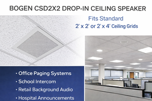 lot 35 image: NEW In Box Bogen Communications LLC CSD2x2 Drop-In Ceiling Speaker with Back Can - Fits in 2x2 or 2x4 Ceiling Grids, Tile Support Rail Included, Switch-Selected Wattage Tap