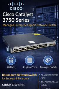 lot 47 image: MSRP $4,500  Cisco Catalyst 3750 Series Rackmount Managed Network Switch, 48-Port Gigabit Ethernet, Enterprise Server Rack System managed network switch for data centers, business networks &amp IT infrastructure environments Works Great