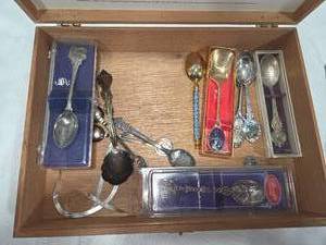 Wooden Cigar Box w Silver Spoons and other Silver items