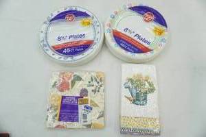 lot 8 image: Paper plates 2 packages 45 count, 2 new packages of dinner napkins