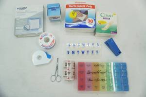 lot 13 image: Pill Organizers, Pill cutter, Wound dressing supplies, adhesive tape