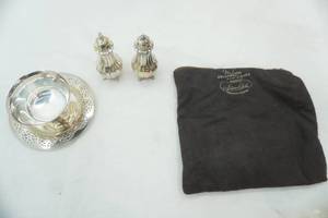 lot 24 image: Vintage Silver-Plate Salt & Pepper Shaker Set, Silver-Plate Dish & Saucer.