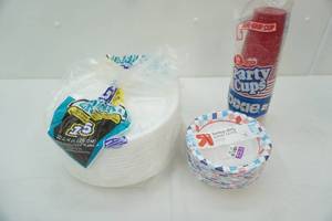 lot 42 image: Full Packages, Styrofoam Divided Dinner Plates, Red Dixie Cups, Paper Bowls