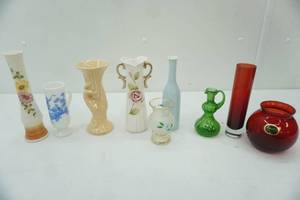 lot 105 image: Vintage Vases, Royal Ruby Anchor Glass, Avon Milk Glass Footed Demitasse Cup, Vintage Hand-Blown small cruet