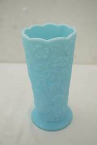 lot 199 image: vintage Fenton Peacock Garden Blue Satin Milk Glass Vase 8x3.5