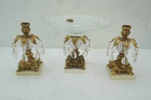 lot 211 image: Vintage Hollywood Regency Centerpiece Set. Footed Crystal Compote Bowl & Candle Holders