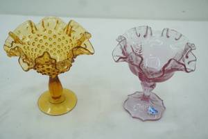 lot 258 image: Vintage  Fenton Ruffled Pedestal Dusty Pink compote , Fenton Amber Hobnail Compote