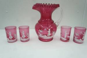 lot 286 image: Vintage Fenton Cranberry Glass Lemonade Set with 2 Mary Gregory Style Bells, 4 Glasses, 1 large pitcher
