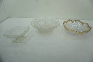 lot 294 image: Imperial Glass Laced Edge, gold rimmed pressed glass bowl, Indiana Glass clear footed candy dish floral pattern