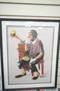 lot 331 image: Vintage Framed Art Print Clown with a phonograph Chuck Oberstein