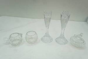 lot 390 image: Vintage Crystal pieces, mini creamer & sugar, egg shaped trinket box, Mikasa Candlestick holders